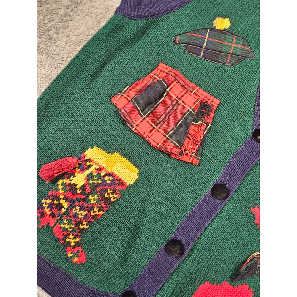 Vintage 1993 Eagles Eye Scottish Scottie Dog Bagpipes Knit Sweater Vest Green M - Picture 4 of 7